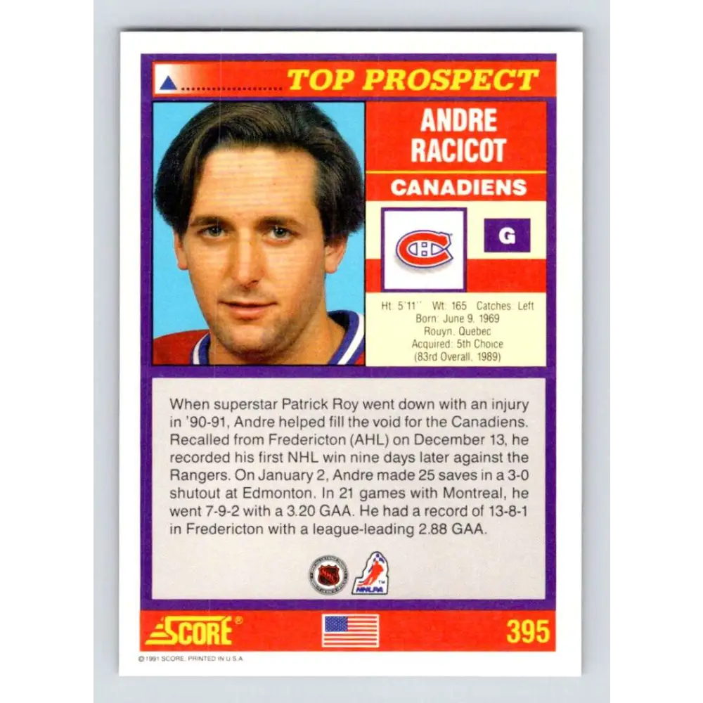 1991-92 Score American #395 Andre Racicot NM-MT RC Rookie Montreal Canadiens Hockey Card Image 2