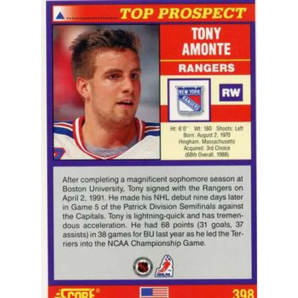 1991-92 Score American #398 Tony Amonte NM-MT RC Rookie New York Rangers Hockey Card Image 2
