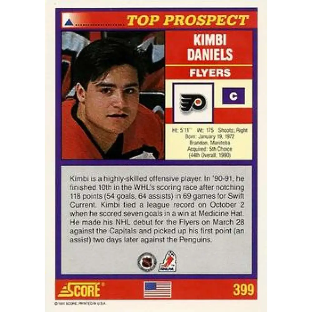 1991-92 Score American #399 Kimbi Daniels NM-MT Philadelphia Flyers Hockey Card Image 2