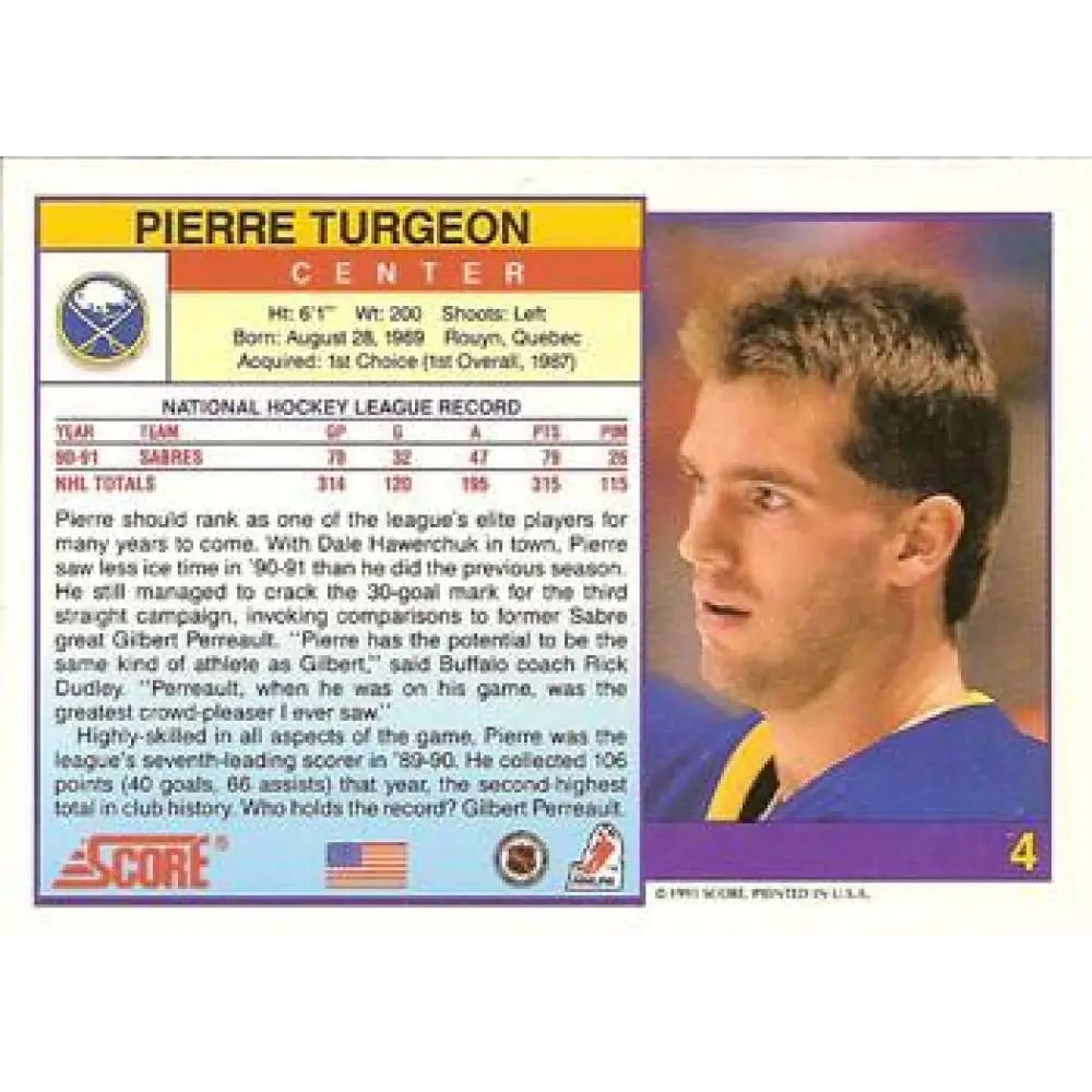 1991-92 Score American #4 Pierre Turgeon NM-MT Buffalo Sabres Hockey Card Image 2