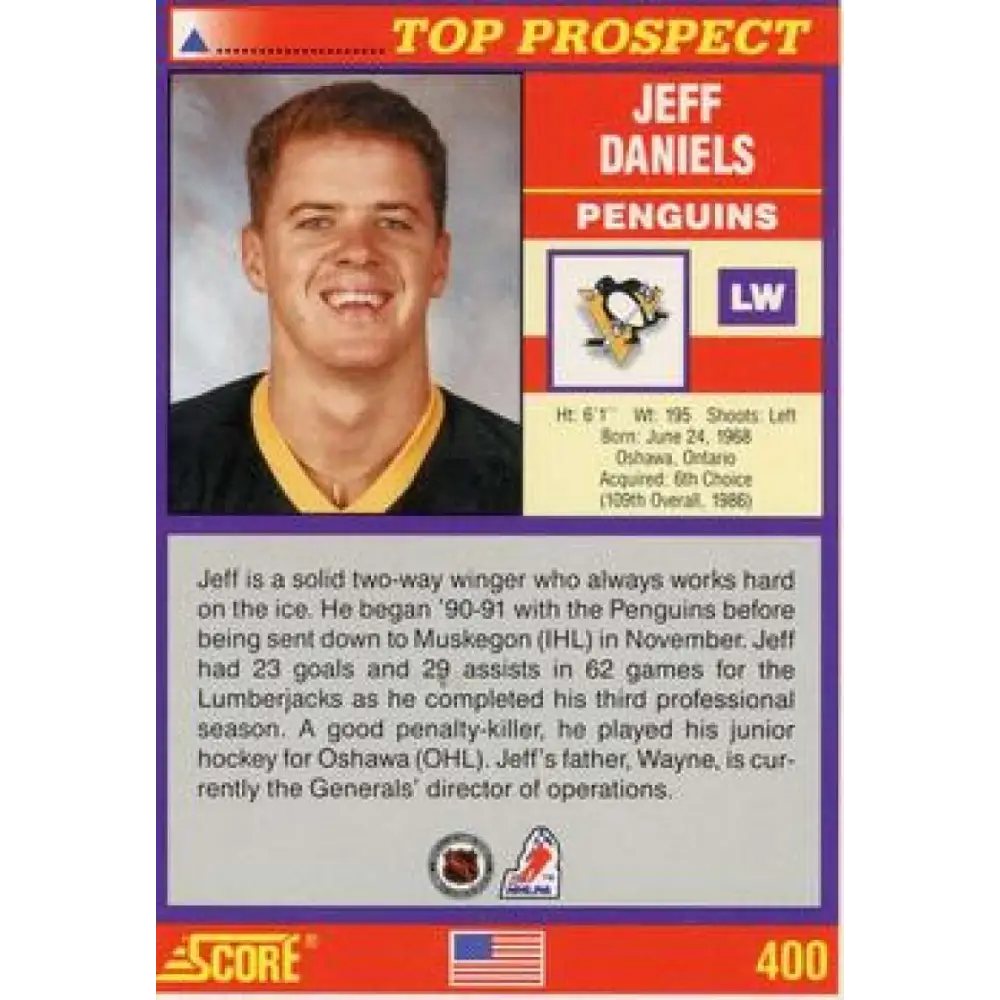 1991-92 Score American #400 Jeff Daniels NM-MT RC Rookie Pittsburgh Penguins Hockey Card Image 2