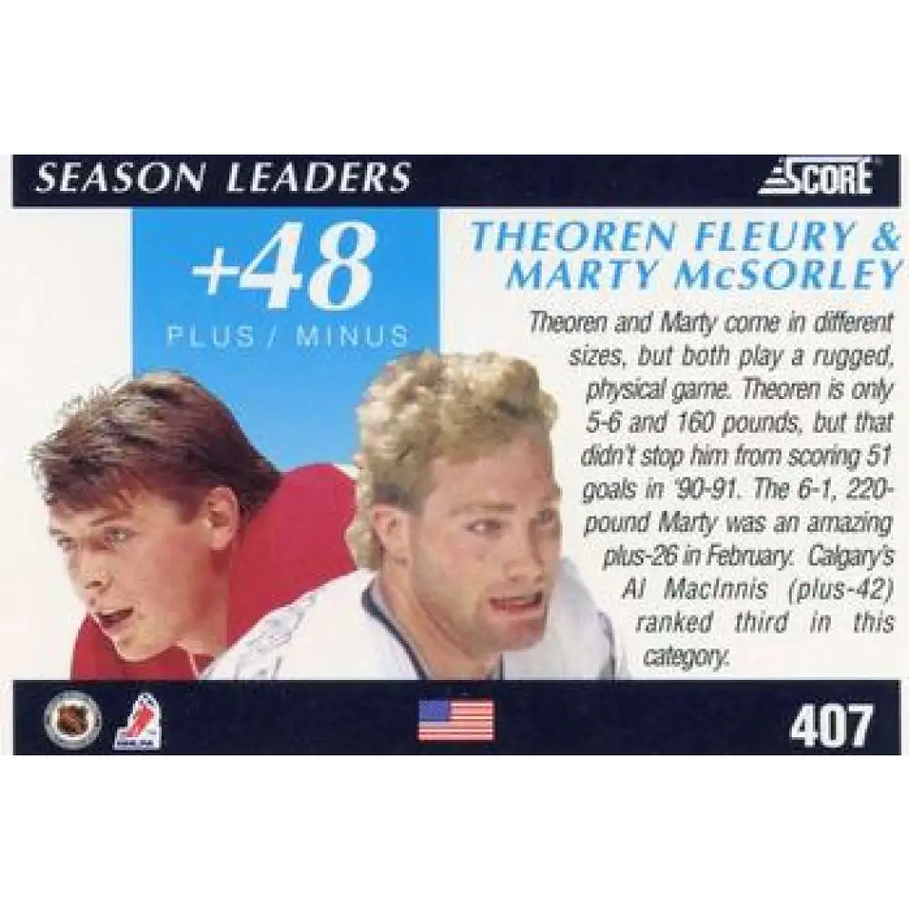 1991-92 Score American #407 Marty McSorley/Theo Fleury NM-MT Calgary Flames Hockey Card Image 2