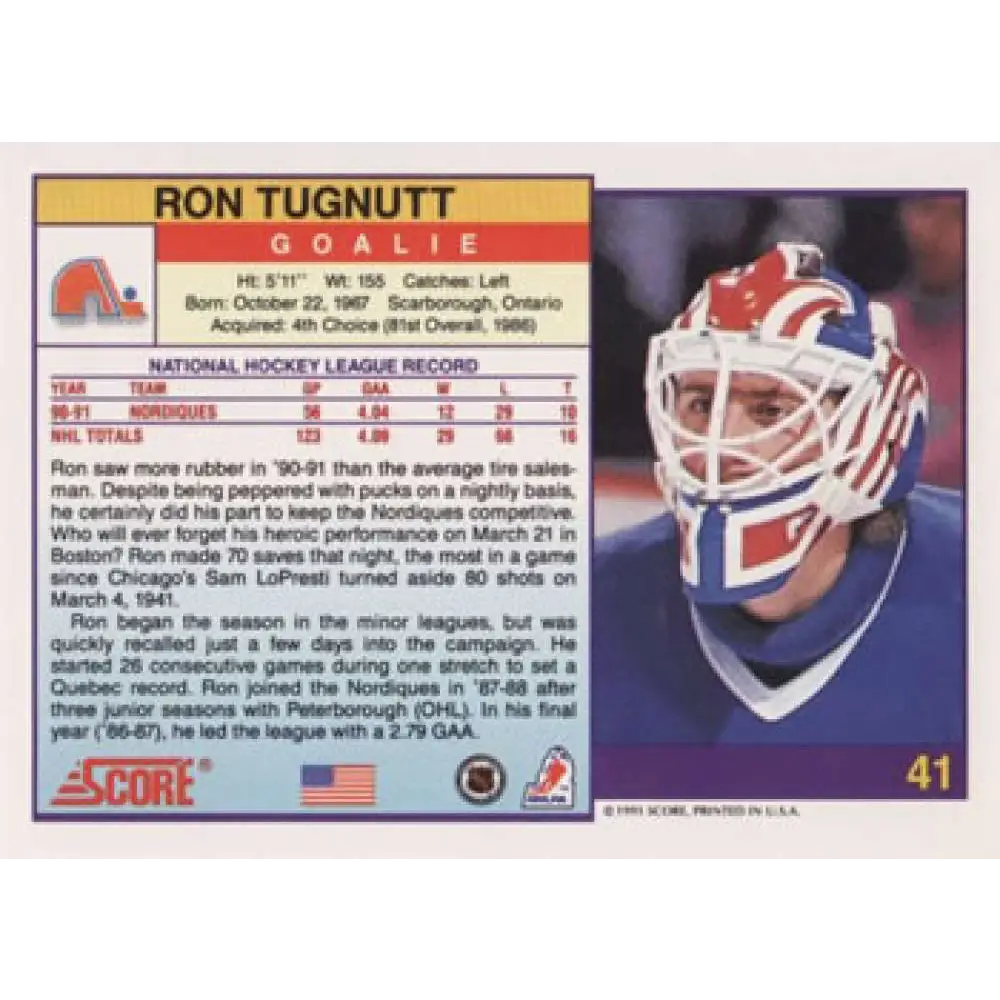 1991-92 Score American #41 Ron Tugnutt NM-MT Quebec Nordiques Hockey Card Image 2