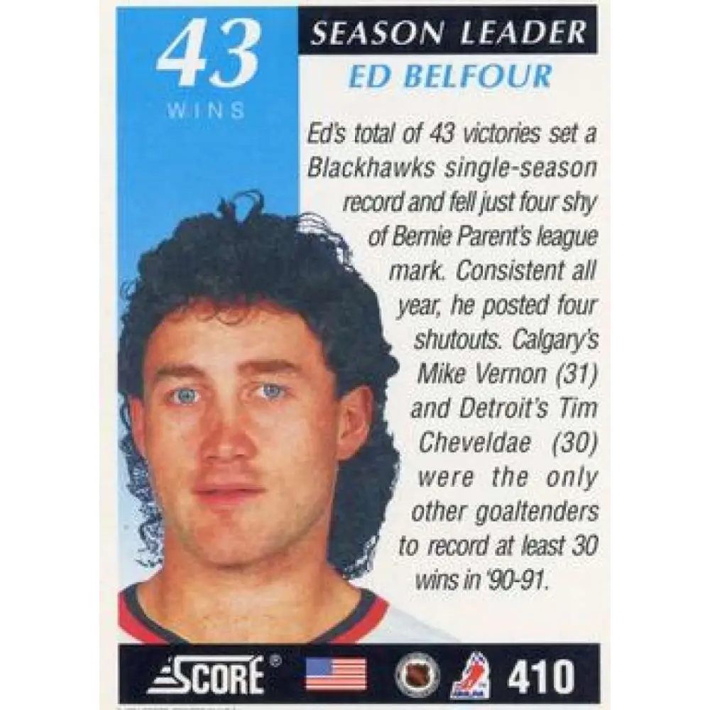 1991-92 Score American #410 Ed Belfour NM-MT Chicago Blackhawks Hockey Card Image 2