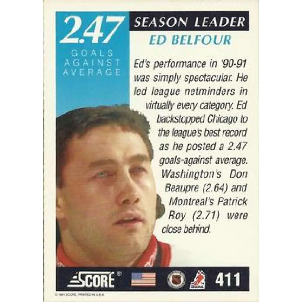 1991-92 Score American #411 Ed Belfour NM-MT Chicago Blackhawks Hockey Card Image 2