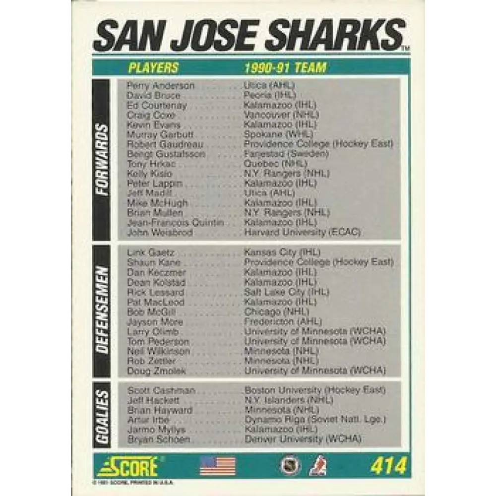 1991-92 Score American #414 San Jose Sharks Logo NM-MT San Jose Sharks Hockey Card Image 2