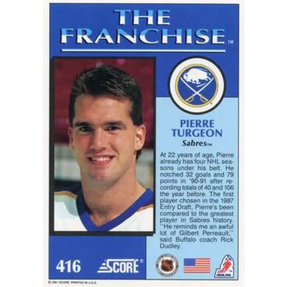 1991-92 Score American #416 Pierre Turgeon NM-MT Buffalo Sabres Hockey Card Image 2