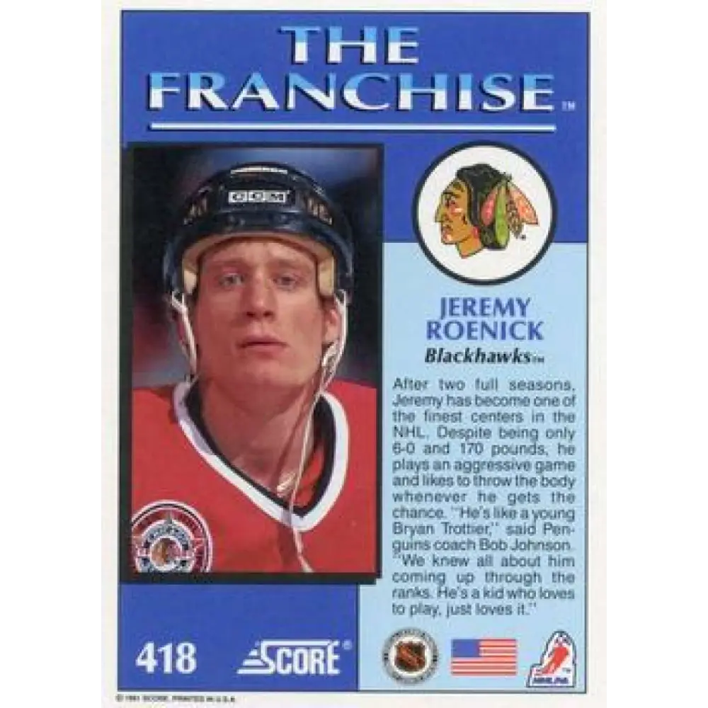 1991-92 Score American #418 Jeremy Roenick NM-MT Chicago Blackhawks Hockey Card Image 2