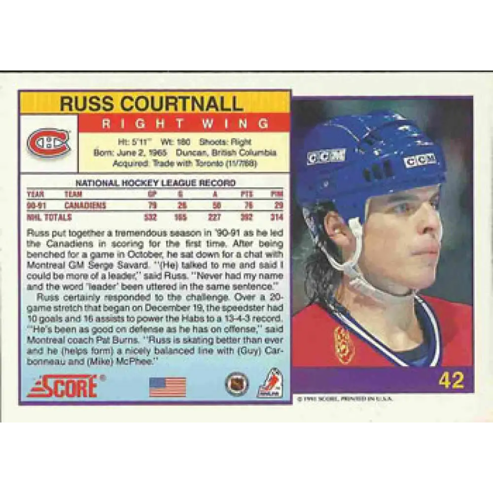 1991-92 Score American #42 Russ Courtnall NM-MT Montreal Canadiens Hockey Card Image 2