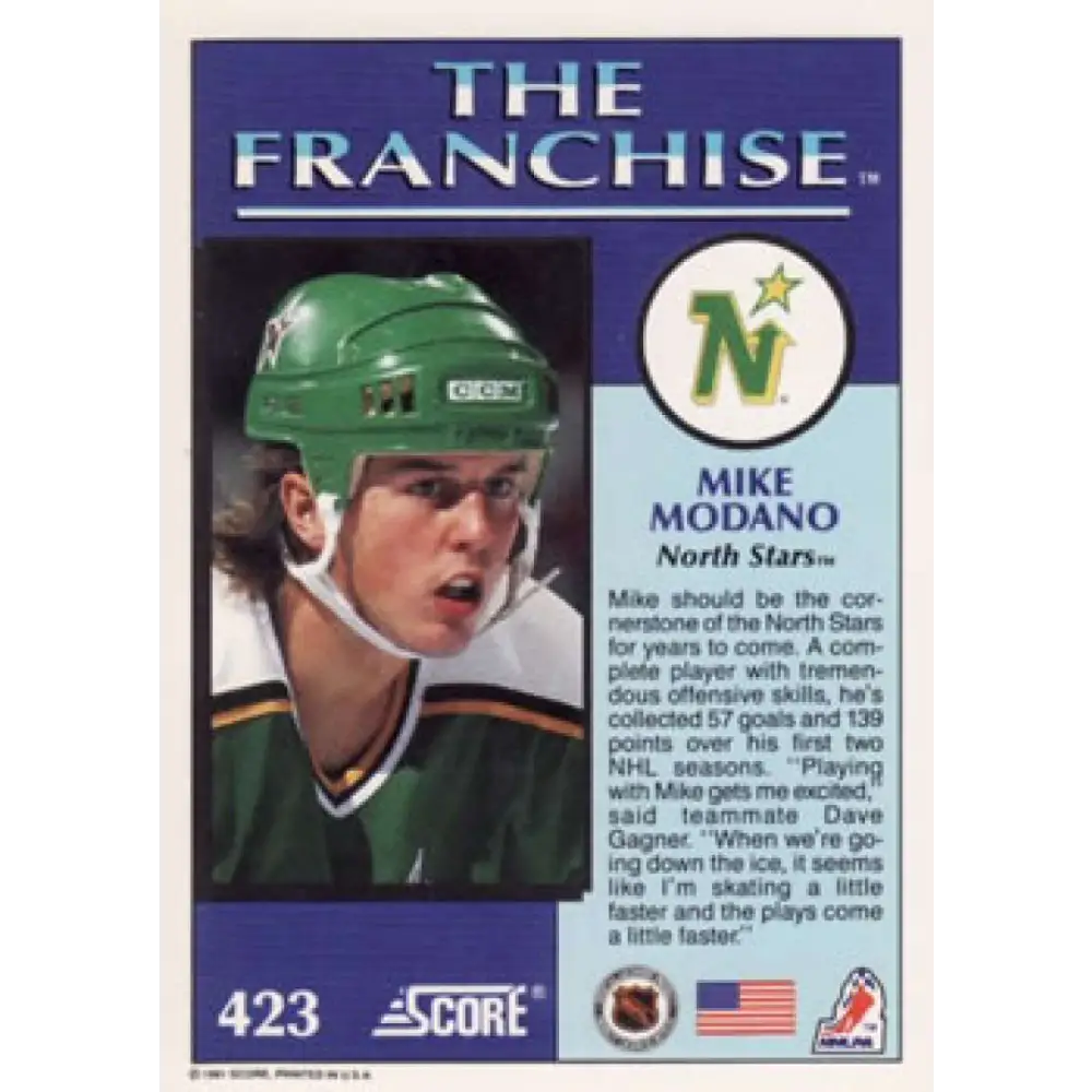 1991-92 Score American #423 Mike Modano NM-MT Minnesota North Stars Hockey Card Image 2