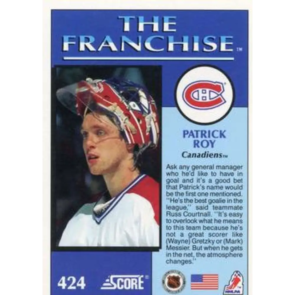 1991-92 Score American #424 Patrick Roy NM-MT Montreal Canadiens Hockey Card Image 2
