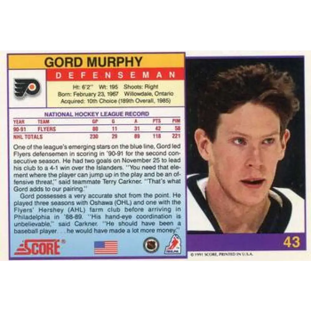 1991-92 Score American #43 Gord Murphy NM-MT Philadelphia Flyers Hockey Card Image 2