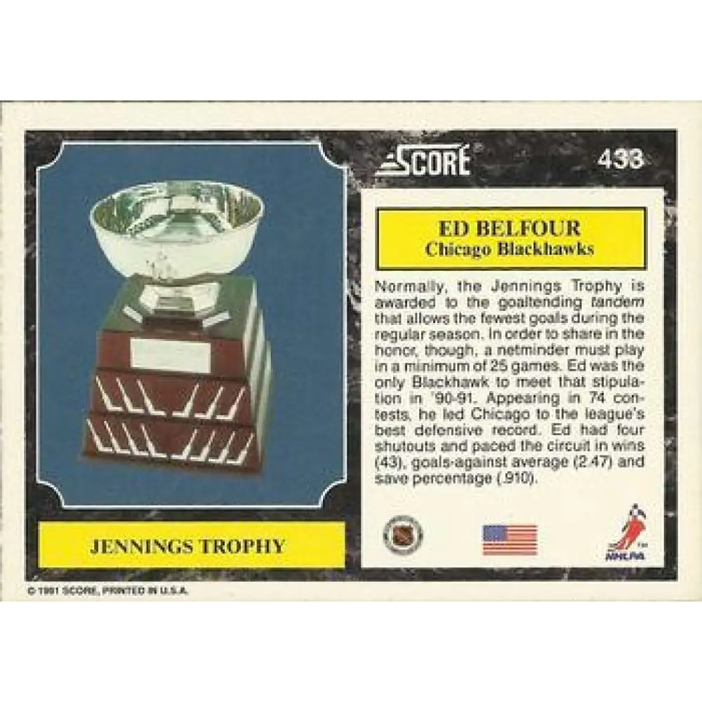 1991-92 Score American #433 Ed Belfour NM-MT Chicago Blackhawks Hockey Card Image 2