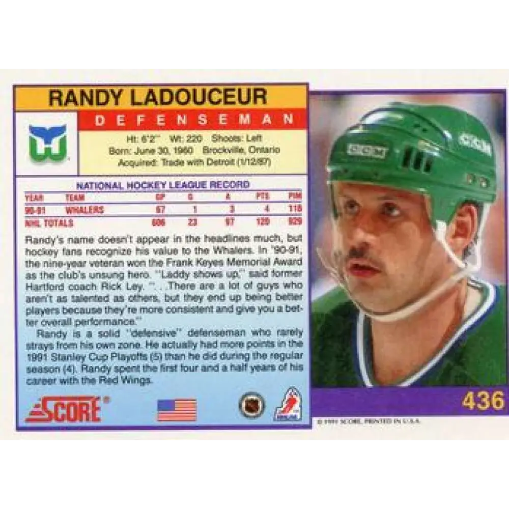 1991-92 Score American #436 Randy Ladouceur NM-MT Hartford Whalers Hockey Card Image 2