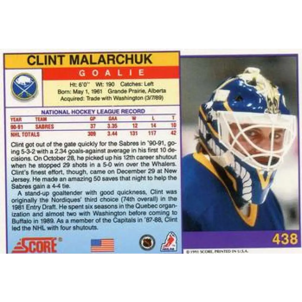 1991-92 Score American #438 Clint Malarchuk NM-MT Buffalo Sabres Hockey Card Image 2