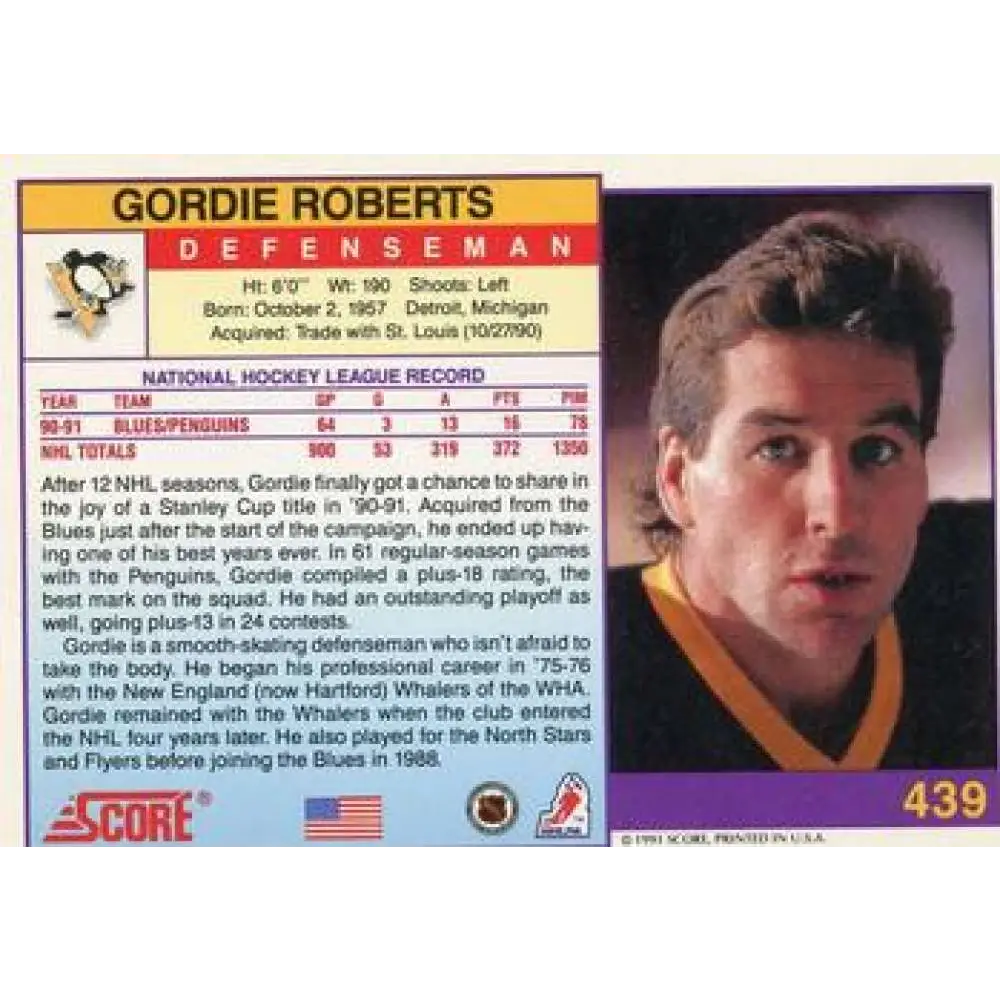 1991-92 Score American #439 Gordie Roberts NM-MT Pittsburgh Penguins Hockey Card Image 2