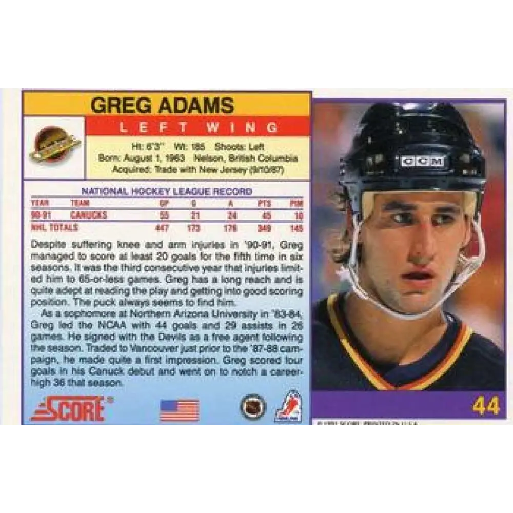 1991-92 Score American #44 Greg Adams NM-MT Vancouver Canucks Hockey Card Image 2