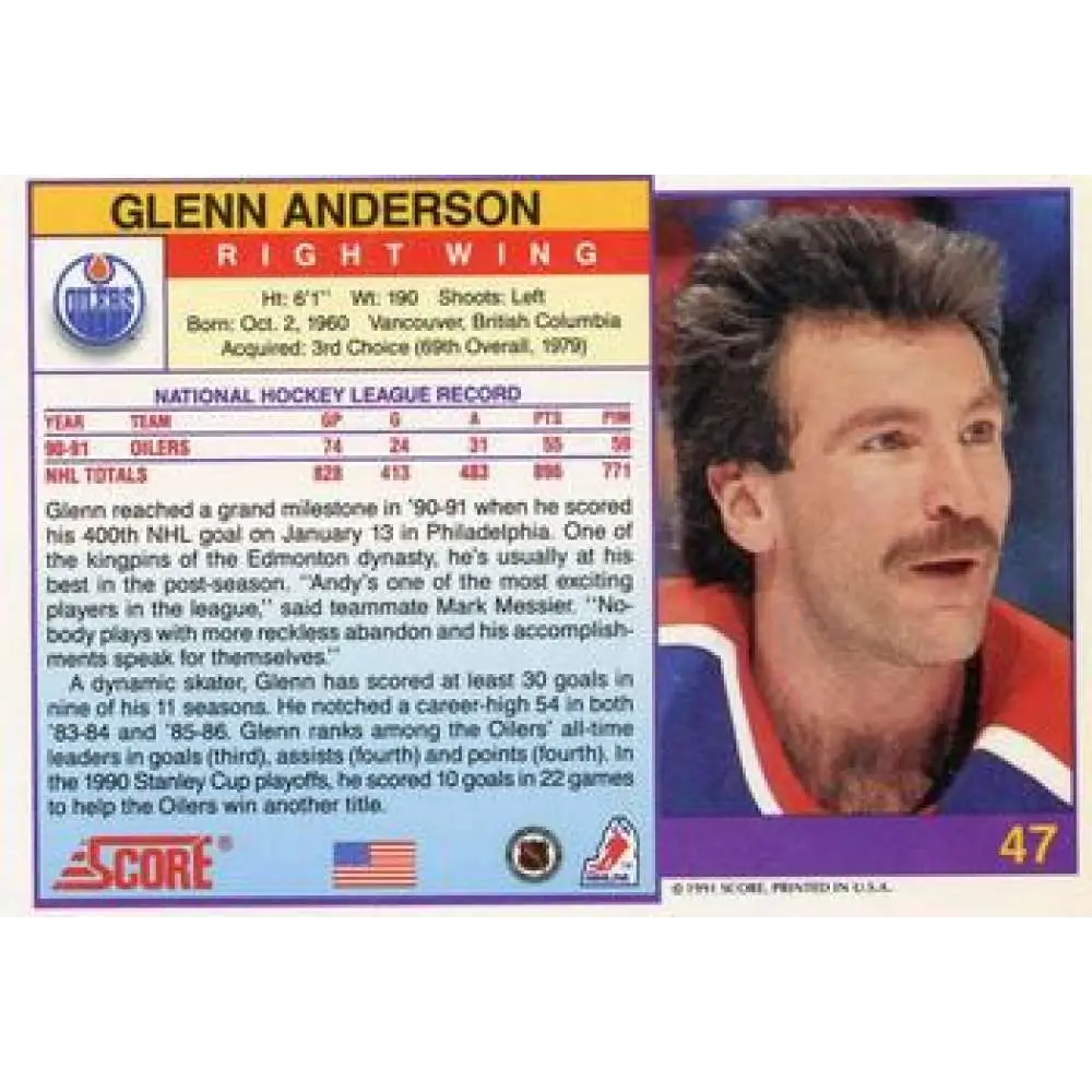 1991-92 Score American #47 Glenn Anderson NM-MT Edmonton Oilers Hockey Card Image 2
