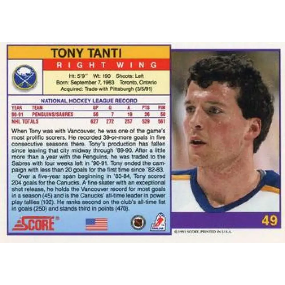 1991-92 Score American #49 Tony Tanti NM-MT Buffalo Sabres Hockey Card Image 2