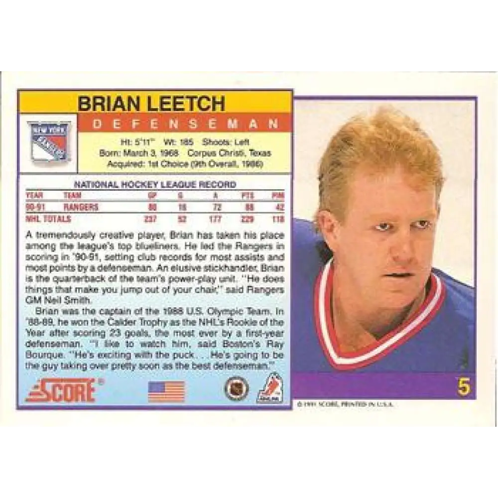 1991-92 Score American #5 Brian Leetch NM-MT New York Rangers Hockey Card Image 2