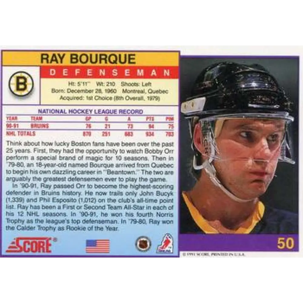 1991-92 Score American #50 Ray Bourque NM-MT Boston Bruins Hockey Card Image 2