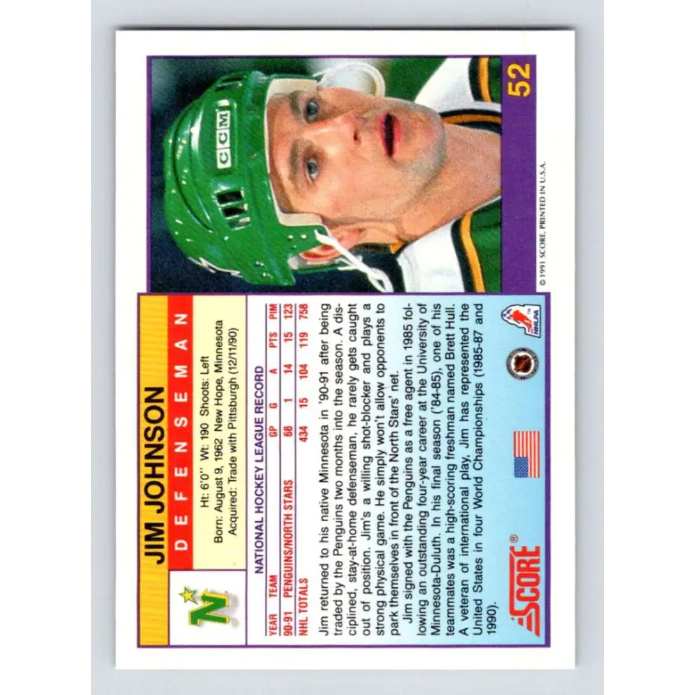 1991-92 Score American #52 Jim Johnson NM-MT Minnesota North Stars Hockey Card Image 2