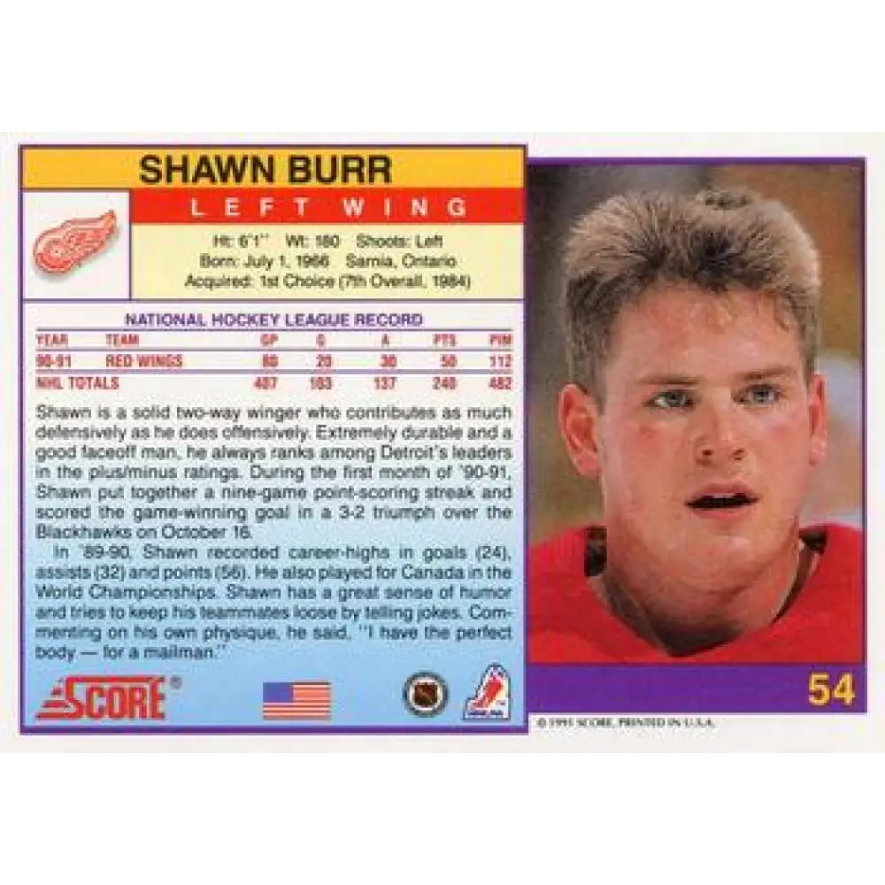 1991-92 Score American #54 Shawn Burr NM-MT Detroit Red Wings Hockey Card Image 2