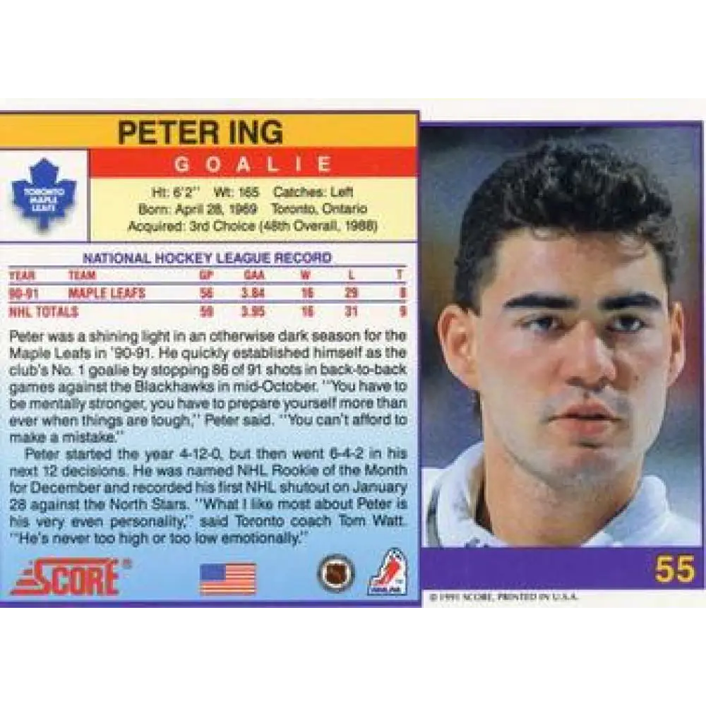1991-92 Score American #55 Peter Ing NM-MT Toronto Maple Leafs Hockey Card Image 2