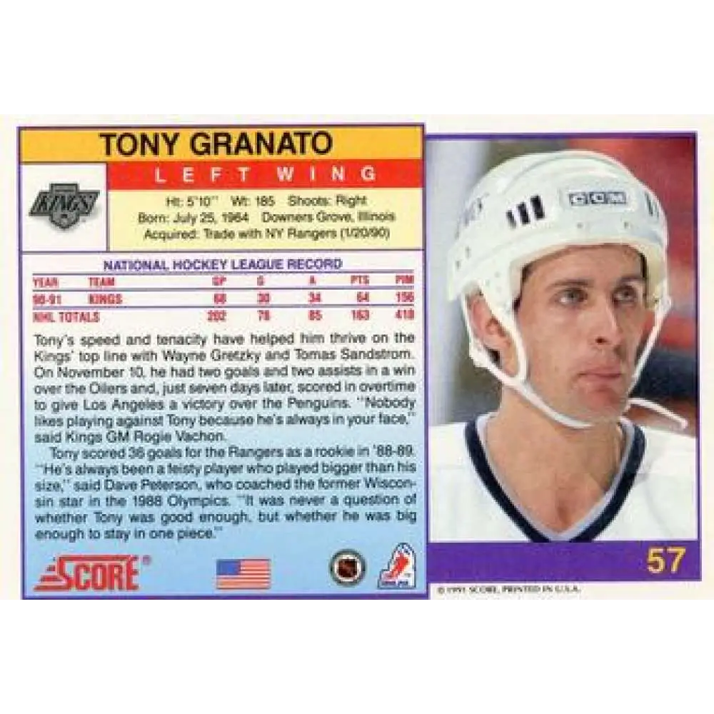 1991-92 Score American #57 Tony Granato NM-MT Los Angeles Kings Hockey Card Image 2