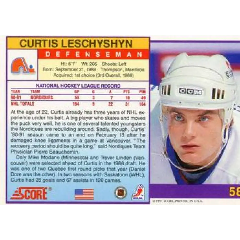 1991-92 Score American #58 Curtis Leschyshyn NM-MT Quebec Nordiques Hockey Card Image 2