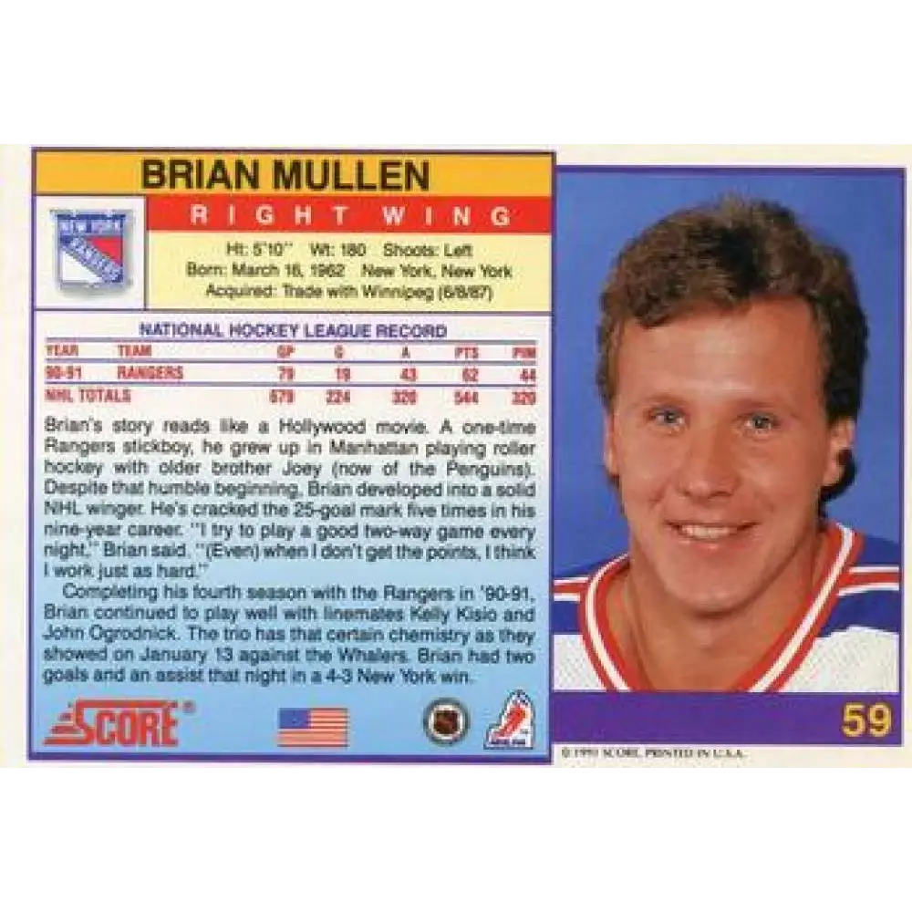 1991-92 Score American #59 Brian Mullen NM-MT New York Rangers Hockey Card Image 2