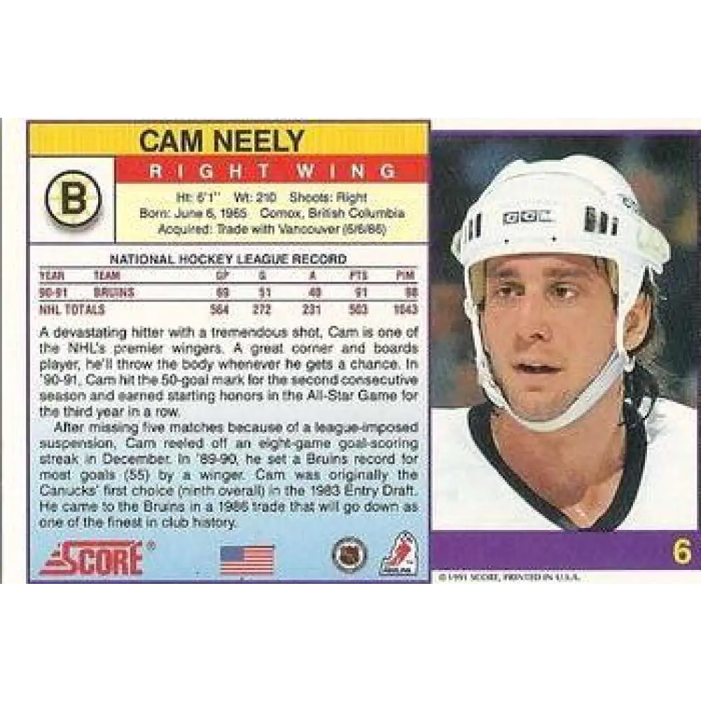 1991-92 Score American #6 Cam Neely NM-MT Boston Bruins Hockey Card Image 2