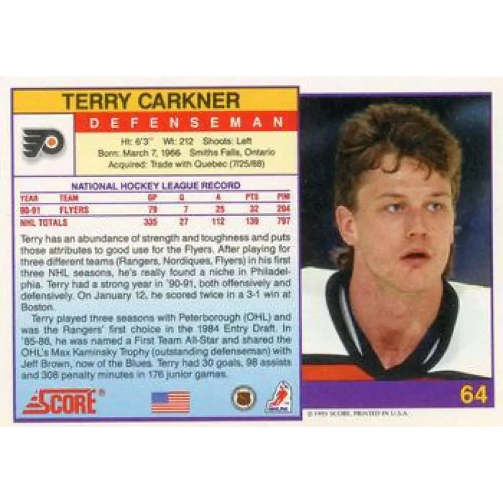 1991-92 Score American #64 Terry Carkner NM-MT Philadelphia Flyers Hockey Card Image 2