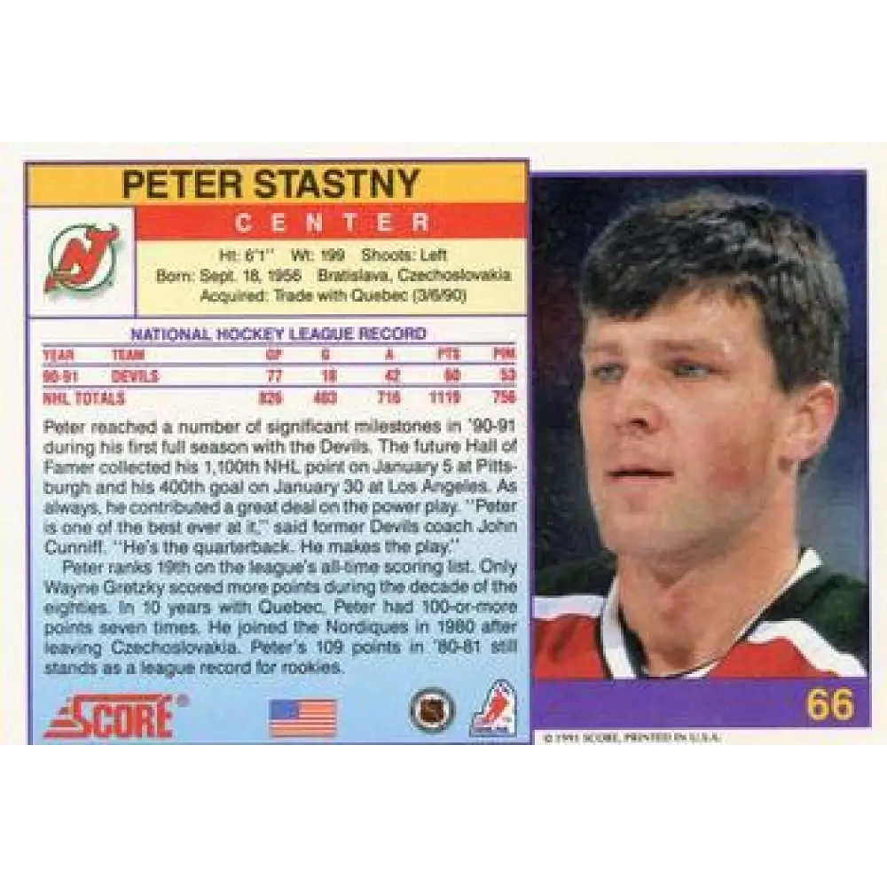 1991-92 Score American #66 Peter Stastny NM-MT New Jersey Devils Hockey Card Image 2