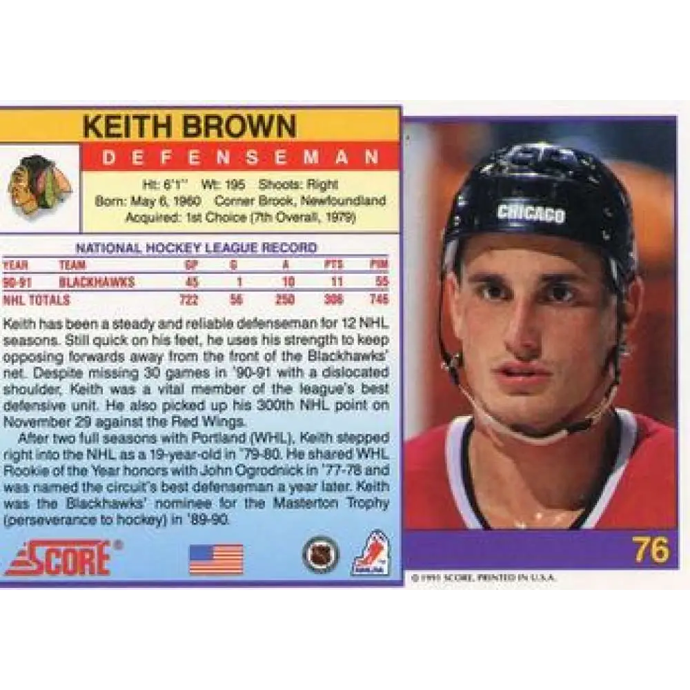 1991-92 Score American #76 Keith Brown NM-MT Chicago Blackhawks Hockey Card Image 2