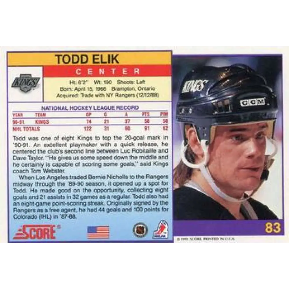 1991-92 Score American #83 Todd Elik NM-MT Los Angeles Kings Hockey Card Image 2