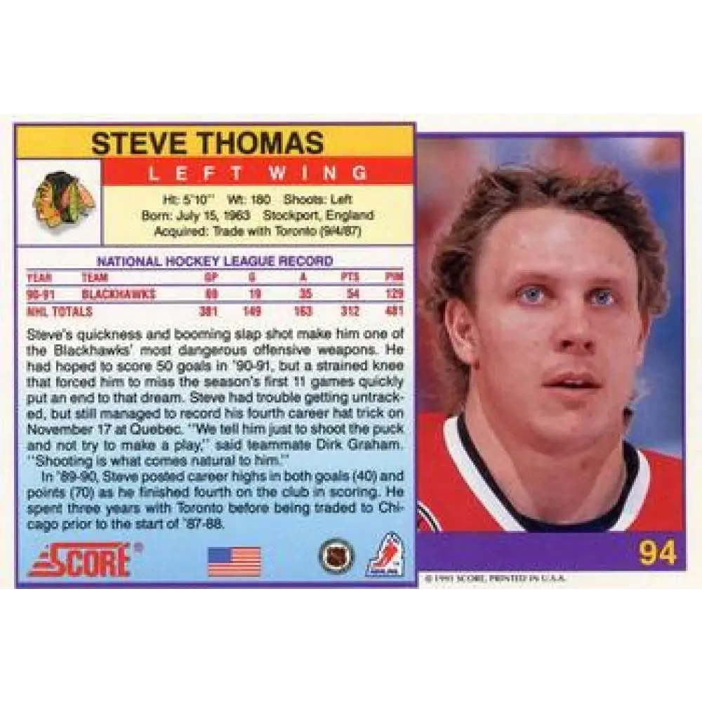 1991-92 Score American #94 Steve Thomas NM-MT Chicago Blackhawks Hockey Card Image 2