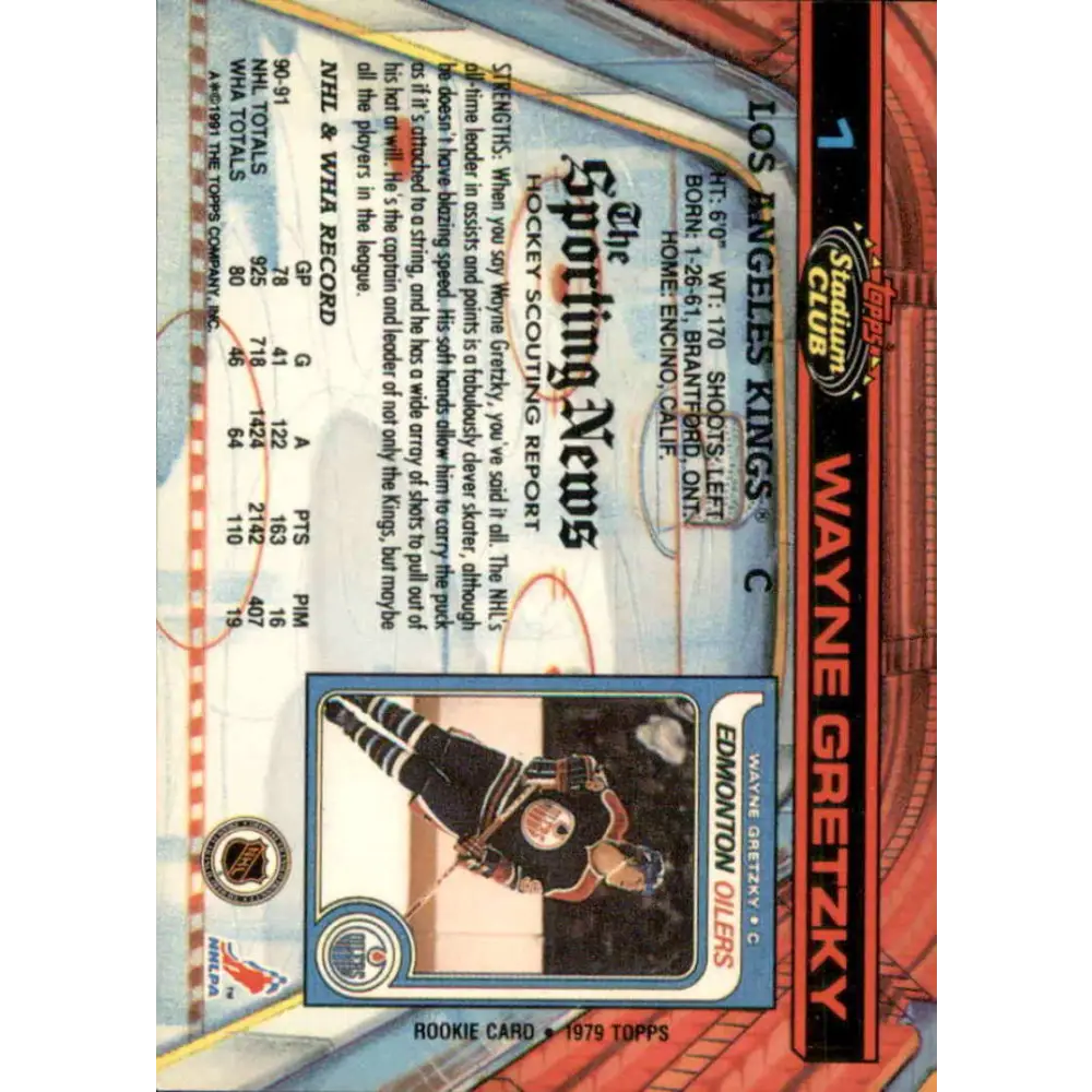 1991-92 Topps Stadium Club #1 Wayne Gretzky NM-MT Los Angeles Kings Hockey Card Image 2