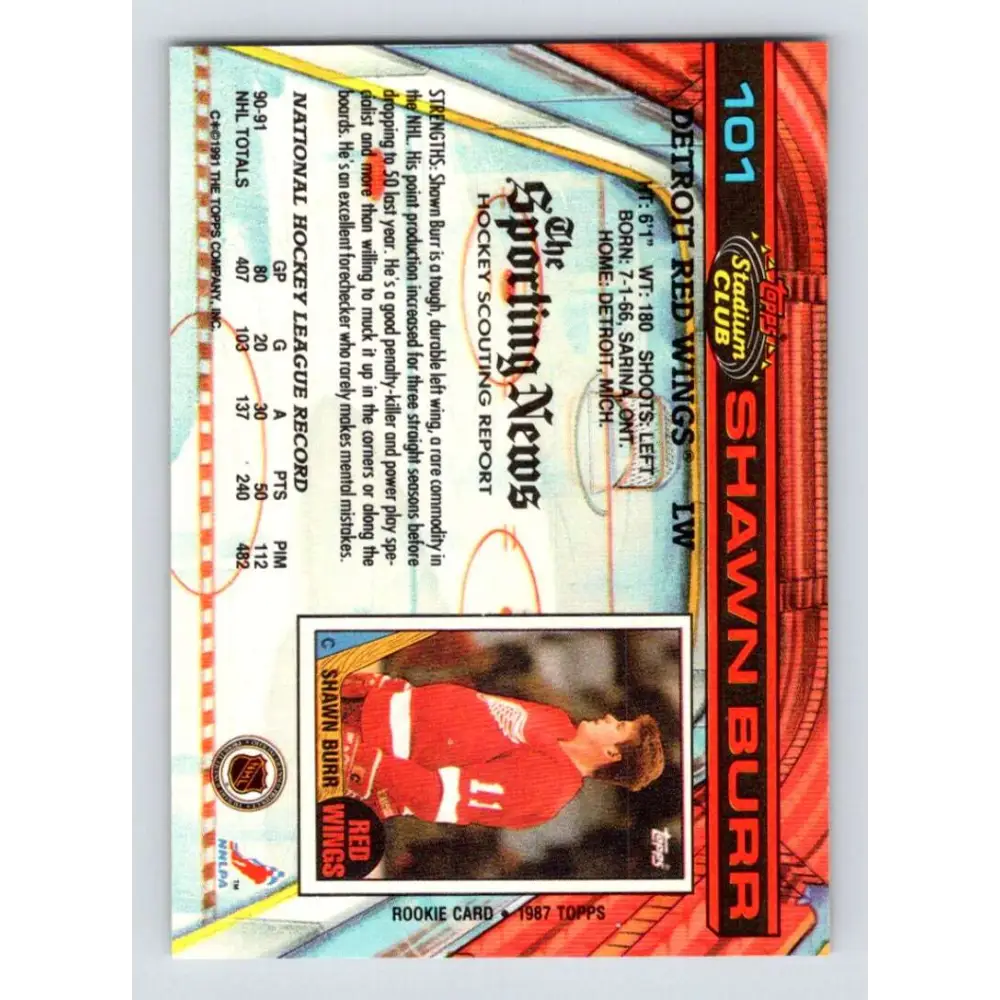 1991-92 Topps Stadium Club #101 Shawn Burr NM-MT Detroit Red Wings Hockey Card Image 2