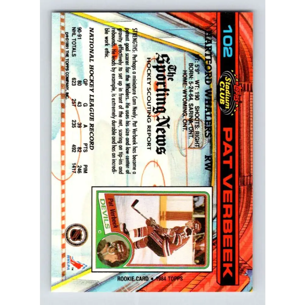 1991-92 Topps Stadium Club #102 Pat Verbeek NM-MT Hartford Whalers Hockey Card Image 2