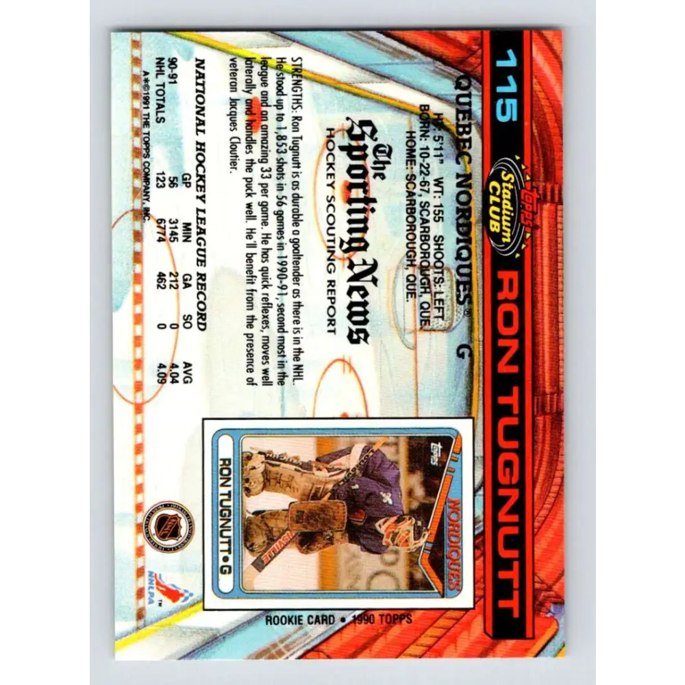 1991-92 Topps Stadium Club #115 Ron Tugnutt NM-MT Quebec Nordiques Hockey Card Image 2