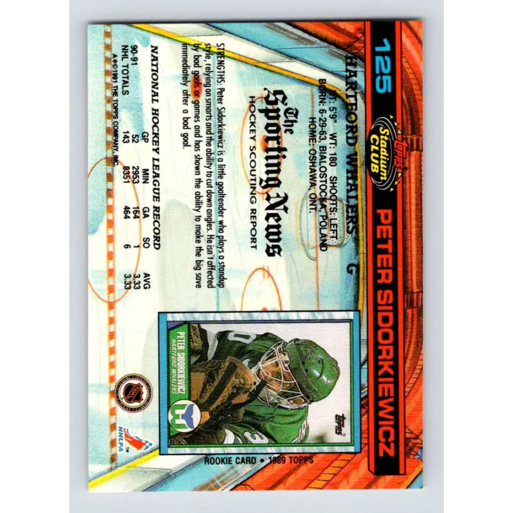 1991-92 Topps Stadium Club #125 Peter Sidorkiewicz NM-MT Hartford Whalers Hockey Card Image 2