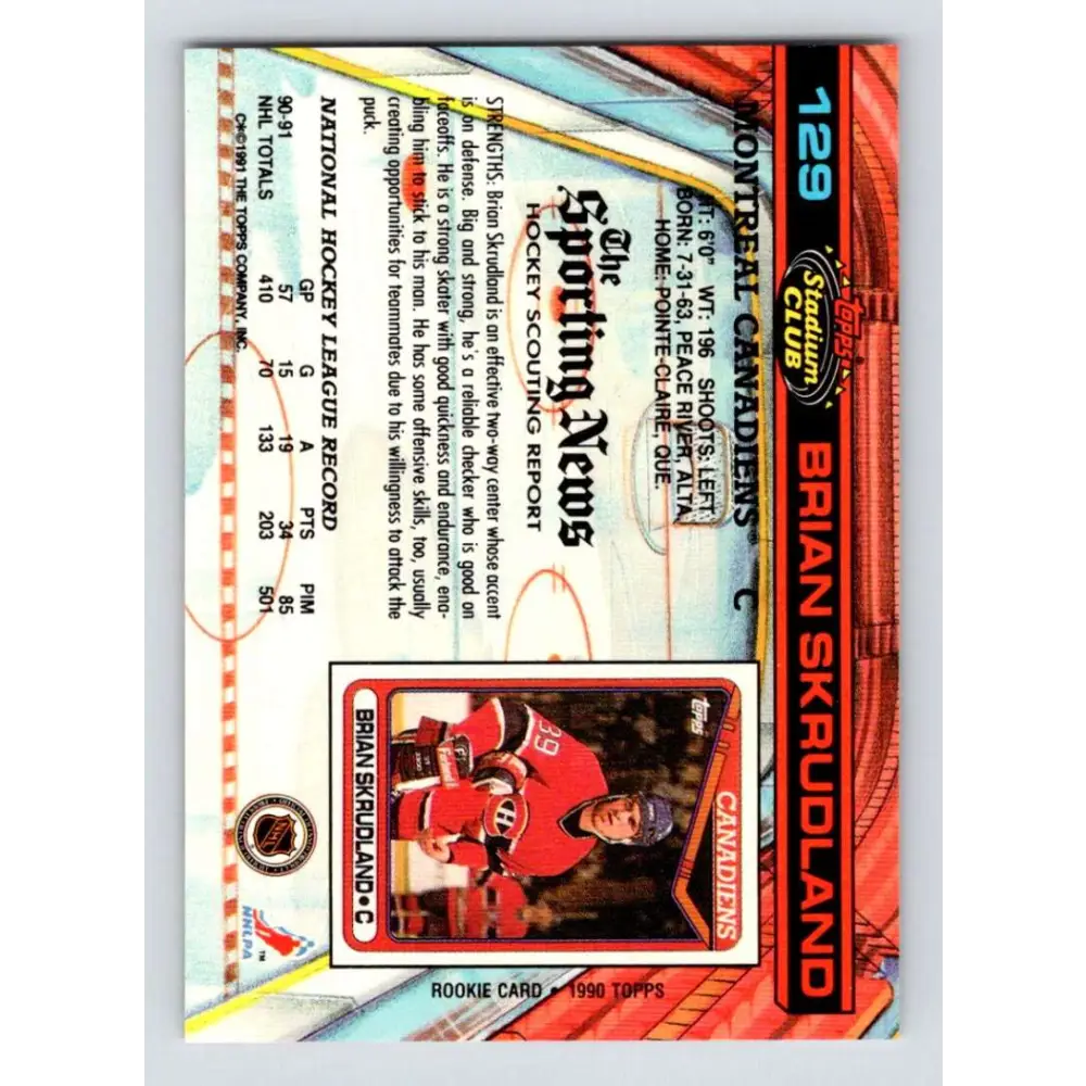 1991-92 Topps Stadium Club #129 Brian Skrudland NM-MT Montreal Canadiens Hockey Card Image 2