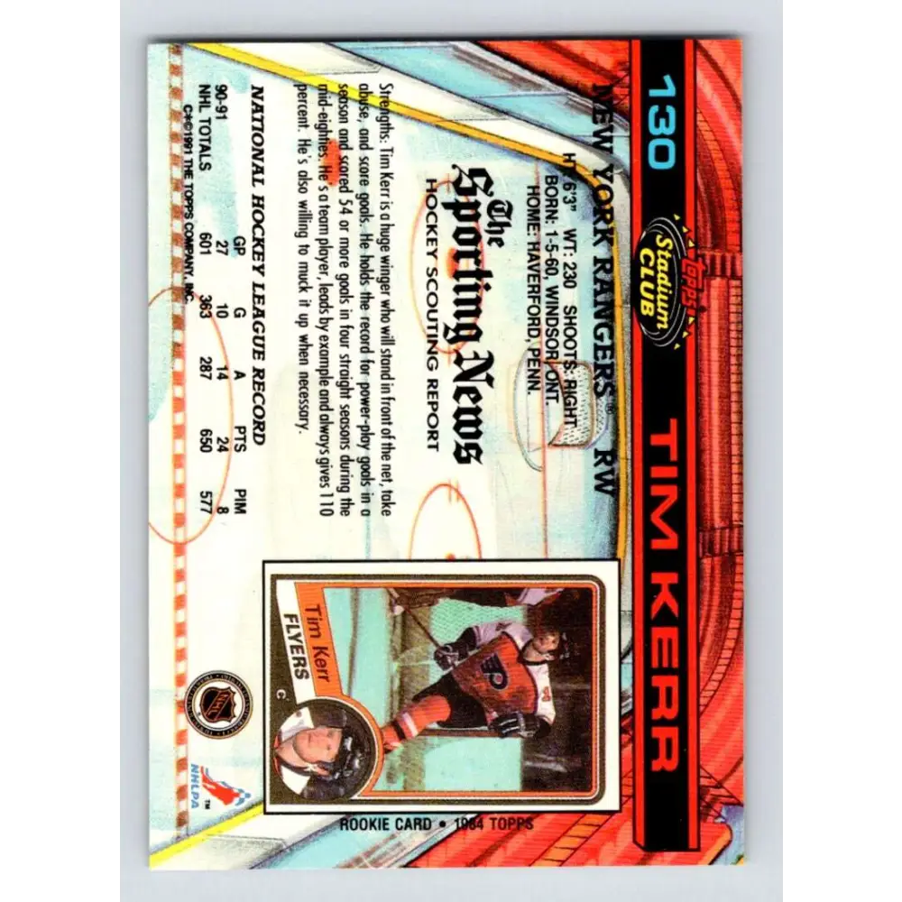 1991-92 Topps Stadium Club #130 Tim Kerr NM-MT New York Rangers Hockey Card Image 2