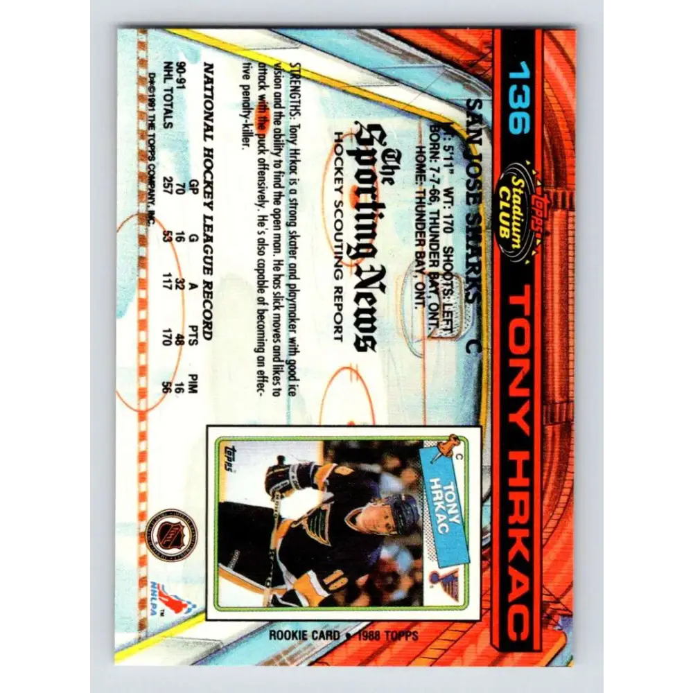 1991-92 Topps Stadium Club #136 Tony Hrkac NM-MT San Jose Sharks Hockey Card Image 2