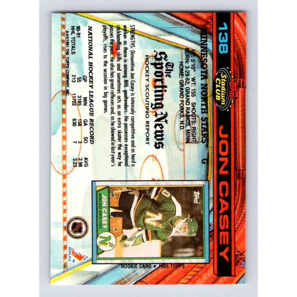 1991-92 Topps Stadium Club #138 Jon Casey NM-MT Minnesota North Stars Hockey Card Image 2