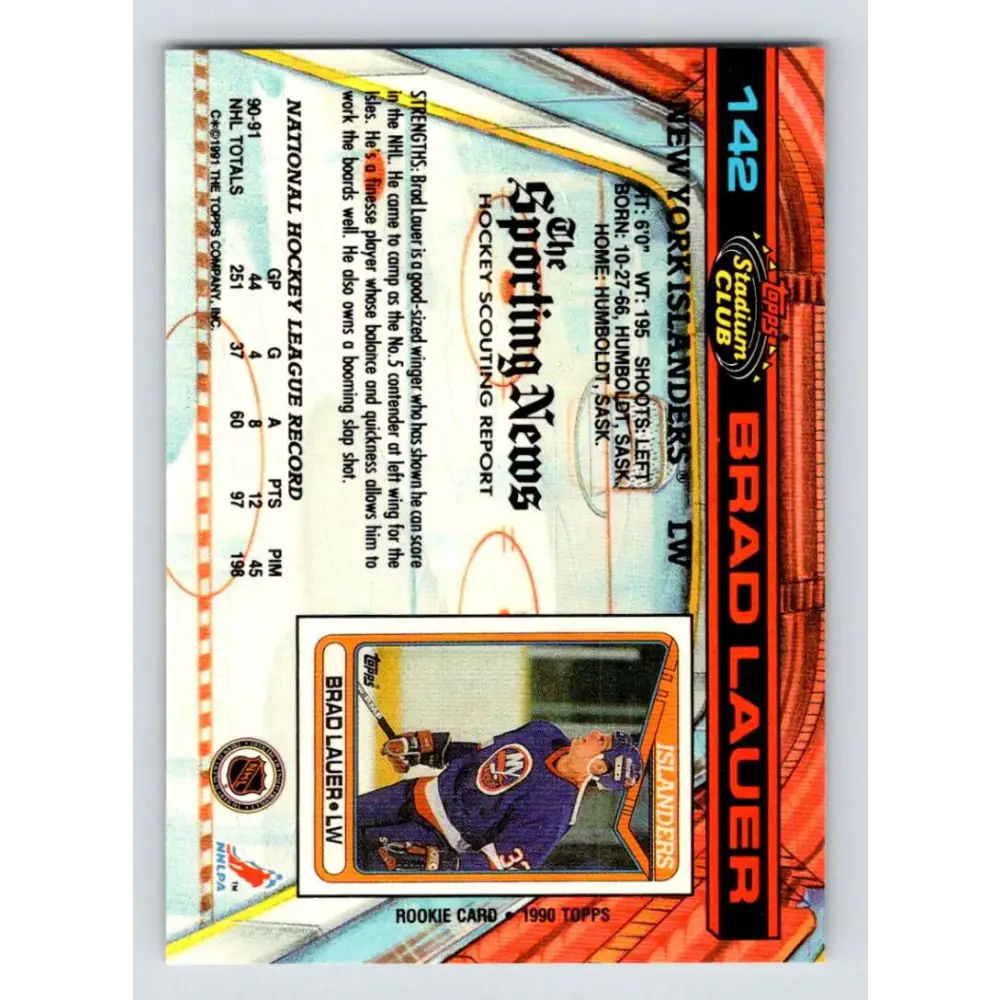 1991-92 Topps Stadium Club #142 Brad Lauer NM-MT New York Islanders Hockey Card Image 2