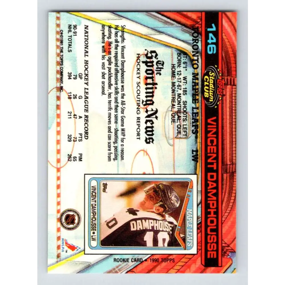 1991-92 Topps Stadium Club #146 Vincent Damphousse NM-MT Toronto Maple Leafs Hockey Card Image 2