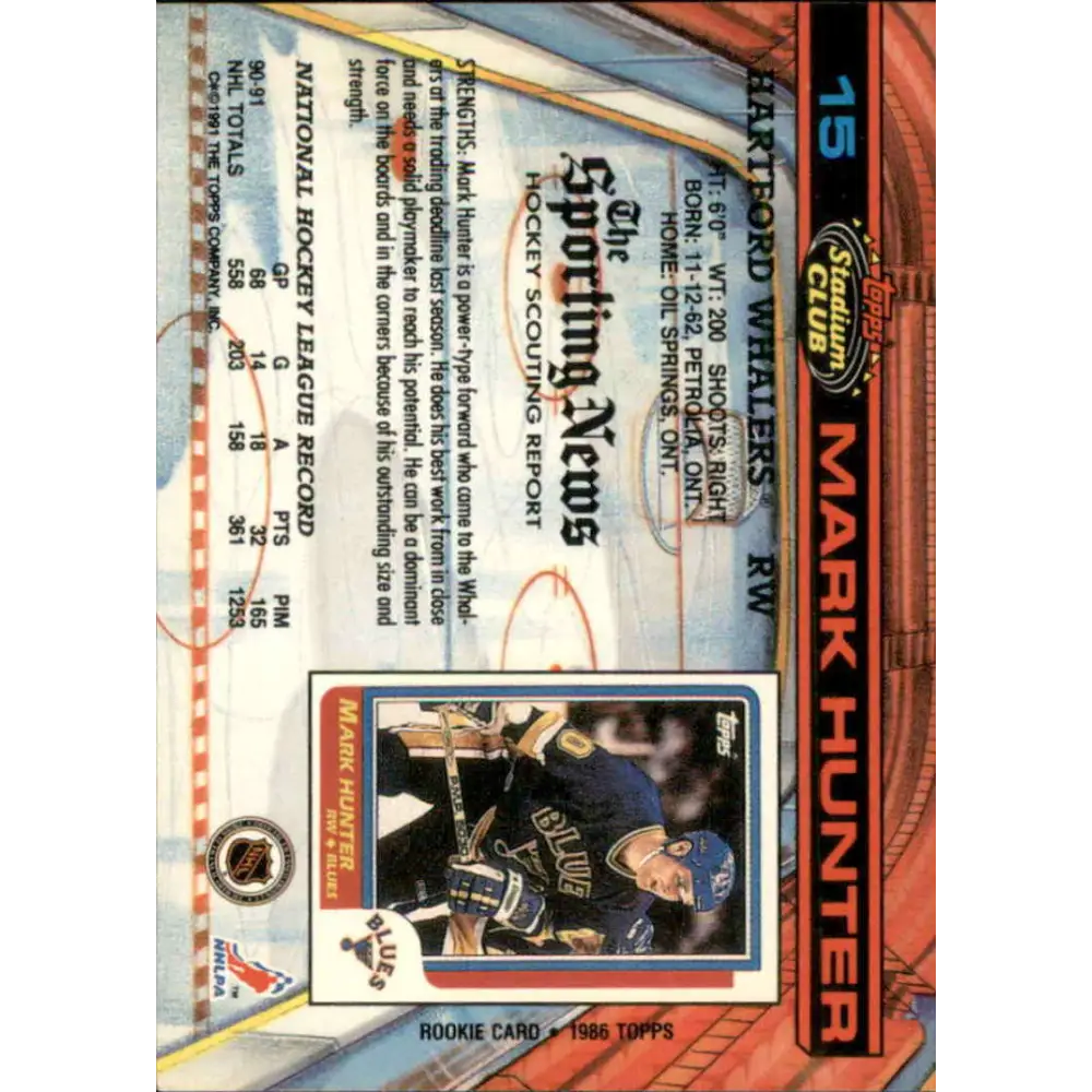1991-92 Topps Stadium Club #15 Mark Hunter NM-MT Hartford Whalers Hockey Card Image 2
