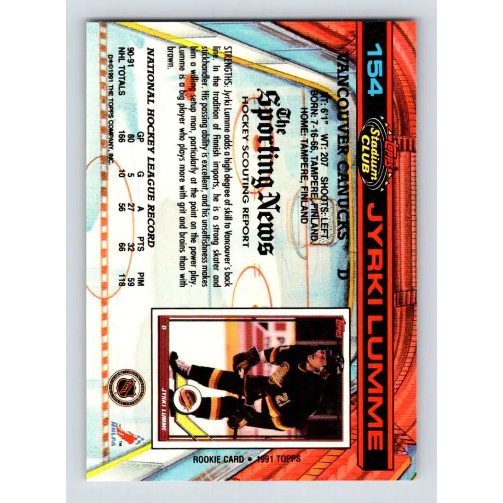 1991-92 Topps Stadium Club #154 Jyrki Lumme NM-MT Vancouver Canucks Hockey Card Image 2